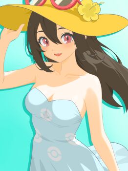 1girl :d absurdres aqua_background blue_dress breasts brown_hair cleavage collarbone commentary_request dress eyelashes eyewear_on_headwear flower hair_between_eyes hand_up happy hat hat_flower highres long_hair majikichi915 nintendo open_mouth pokemon pokemon_sm sightseer_(pokemon) smile solo strapless strapless_dress sunglasses teeth upper_teeth_only yellow_flower yellow_hat