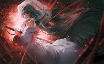 1girl absurdres alternate_hair_length alternate_hairstyle black_hair blunt_bangs blurry bridal_veil chain closed_mouth commentary depth_of_field e.g.o_(project_moon) expressionless floating_hair from_side great_trichiliocosm_(e.g.o) hand_on_weapon highres hime_cut holding holding_weapon japanese_clothes kimono limbus_company long_hair long_sleeves looking_at_viewer ootachi ori_(0rizuru) project_moon red_eyes ryoshu_(project_moon) scabbard sheath sheathed shiromuku single_bare_shoulder solo string string_of_fate string_wings sword uchikake untranslatable_commentary veil veins very_long_hair wataboushi weapon white_kimono wide_sleeves