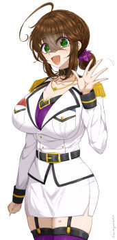 1girl ahoge black_choker blush bra breast_pocket breasts brown_hair chamumi_(mochiumee) choker cleavage commentary_request epaulettes female_admiral_(kancolle) fingerless_gloves folded_ponytail garter_belt gloves green_eyes hand_up highres jacket kantai_collection large_breasts lipstick_mark military_jacket miniskirt mole mole_on_breast mole_on_thigh mole_under_mouth open_mouth pencil_skirt pleated_skirt pocket simple_background skirt smile solo thighhighs underwear waving white_background white_gloves white_jacket