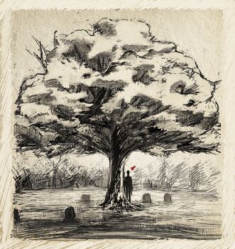 1boy animated animated_gif arrow_(symbol) ayez commentary crosshatching graveyard greyscale hatching_(texture) looping_animation monochrome original silhouette spot_color symbol-only_commentary tombstone tree white_background