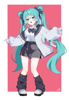 1boy 252_eyo absurdres aqua_eyes aqua_hair black_bow black_bowtie black_leg_warmers black_shorts blush boots bow bowtie collared_shirt commentary_request double_bun full_body grey_boots hair_between_eyes hair_bun hatsune_miku highres jacket leg_warmers long_hair long_sleeves looking_at_viewer open_mouth shirt short_shorts shorts sleeves_past_wrists smile solo twintails very_long_hair vocaloid white_jacket white_shirt