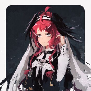 1girl ahoge arknights blush border braid closed_mouth commentary glint gracebearer_(arknights) grey_eyes hand_up head_wings highres jewelry long_hair long_sleeves outside_border red_hair ring rnna side_braid solo white_border wings