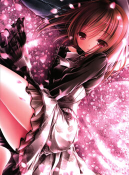 10s 1girl brown_hair cherry_blossoms dress dutch_angle female_focus floral_print floral_print_skirt highres kashii_airi lying panties pantyshot pink_eyes print_skirt rou-kyuu-bu! solo tinker_bell_(pixiv_10956015) underwear