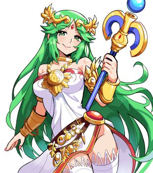 Rule 34 | 1girl, absurdres, ancient greek clothes, armlet, bare shoulders, blush, breasts, chain, chiton, circlet, closed mouth, commentary, dress, forehead jewel, gold chain, greco-roman clothes, green eyes, green hair, hair ornament, highres, holding, holding staff, jewelry, kid icarus, kid icarus uprising, large breasts, laurel crown, long hair, looking at viewer, neck ring, nintendo, palutena, simple background, smile, solo, spyg, staff, thighhighs, thighs, vambraces, very long hair, white background, white thighhighs