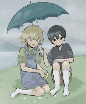 2boys aged_down alternate_costume antenna_hair basil_(faraway)_(omori) basil_(omori) black_eyes black_hair black_shirt blonde_hair blue_eyes blue_overalls closed_mouth collared_shirt double-parted_bangs grass green_shirt hair_between_eyes holding holding_umbrella knees_up male_focus multiple_boys omore47858045 omori outdoors overall_shorts overalls overcast rain shared_umbrella shirt short_hair short_sleeves sidelocks sitting sky socks sunny_(omori) t-shirt umbrella wariza white_socks