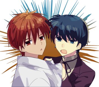 Rule 34 | 2boys, blue eyes, blue hair, coat, earrings, haori, juumonji tsubasa, kyoukai no rinne, multiple boys, open mouth, red eyes, red hair, rokudou rinne, short hair