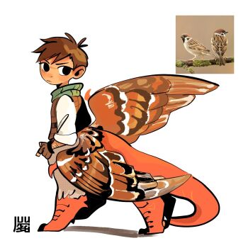 1boy animal arm_hair bird bird_wings black_eyes brown_gloves brown_hair brown_vest brown_wings bxnke centauroid chilchuck_tims chimera claws closed_mouth commentary dungeon_meshi english_commentary feathered_wings feathers fingerless_gloves gloves highres logo looking_at_viewer male_focus monster_boy monsterification reference_inset shirt short_hair sparrow standing tail taur very_short_hair vest white_shirt wings