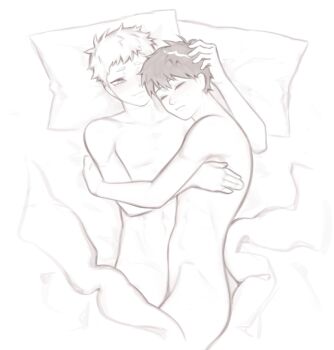 Rule 34 | 2boys, absurdres, blanket, blush, closed mouth, commentary, completely nude, english commentary, featureless crotch, hands on another's head, highres, hikaru ga shinda natsu, hikayoshifann, indou hikaru, male focus, mole, mole on cheek, multiple boys, nude, on bed, pillow, scar, scar on neck, shared bed, short hair, sleeping, smile, tsujinaka yoshiki, yaoi