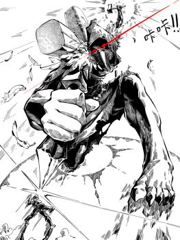 Rule 34 | attack, bird mask, chinese text, chisel, cloak, devoted sculptor (slay the spire), dynamic pose, feathers, giant, glowing, glowing eyes, greyscale, hammer, highres, holding, holding chisel, holding hammer, holding tool, mask, mask on head, monochrome, red eyes, size difference, slay the spire, slay the spire 2, spot color, user vgxp2254