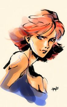 Rule 34 | 1girl, bare shoulders, blue eyes, breasts, cleavage, closed mouth, from side, highres, looking at viewer, meryl silverburgh, metal gear (series), metal gear solid, official art, portrait, red hair, shinkawa youji, short hair, signature, simple background, solo, tank top