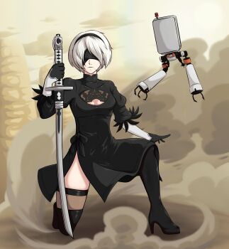 1girl 2b_(nier:automata) absurdres back_cutout black_hairband blindfold boots clothing_cutout covered_eyes desert dust dust_cloud ememtrp feather-trimmed_sleeves full_body hairband highres holding holding_sword holding_weapon mole mole_under_mouth nier:automata nier_(series) on_one_knee pod_(nier:automata) rainbow_gradient sword thighhighs thighhighs_under_boots virtuous_contract weapon