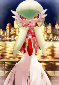 1girl adjusting_scarf artist_name blue_sky blurry blurry_background blush bob_cut bokeh building clothed_pokemon colored_skin cowboy_shot depth_of_field female_focus flat_chest gardevoir gen_3_pokemon gluteal_fold green_hair green_skin hair_between_eyes hands_up happy looking_at_viewer multicolored_skin night nintendo open_mouth outdoors plaid_clothes plaid_scarf pokemon pokemon_(creature) railing red_eyes red_scarf river scarf short_hair signature sky smile solo standing straight-on textless_version thigh_gap tsukkon twitter_username two-tone_skin white_skin yellow_background