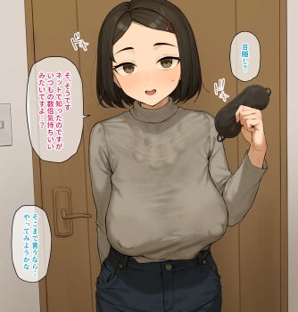 1girl bad_tag black_hair blush breasts brown_eyes brown_hair covered_erect_nipples denim door doorway hair_ornament hairclip holding holding_shoes holding_unworn_clothes kono_(yuri_kotone_ero) large_breasts long_sleeves looking_at_viewer open_mouth pants shirt shoes short_hair smile solo speech_bubble sweatdrop sweater takenoko_no_you turtleneck unworn_shoes