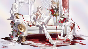 1boy ambiguous_red_liquid antique_phone ayer_(white)_(yueying_bieshu) bird birdcage brooch bust_(sculpture) cage candle chinese_commentary closed_mouth commentary_request copyright_logo copyright_notice couch cross cross-laced_shoes cross_fleury curtained_hair curtains cushion domino_mask dove dress_pants dress_shoes earrings empty_picture_frame eye_mask fabric feathers figure_four_sitting flower flower_brooch flower_earrings fold-over_collar formal_clothes full_body gem glint gold_choker gold_earrings gold_flower gold_ring grey_background hair_between_eyes hand_in_pocket hand_up highres jacket jewelry lapel_pin lapels lips logo long_sleeves looking_at_viewer male_focus mask masquerade_mask medium_hair multiple_rings necklace notched_lapels official_art on_couch pants pearl_necklace pectoral_cleavage pectorals petals phone phonograph picture_frame pillar plant red_eyes red_flower red_gemstone red_ribbon red_rose ribbon ring rose rose_petals rotary_phone round_table see-through_curtains shadow shirt shoes simple_background sitting smile solo statue suit suit_jacket table tassel unworn_jewelry unworn_mask unworn_necklace vines white_feathers white_flower white_hair white_jacket white_pants white_rose white_shoes white_suit wooden_floor yellow_shirt yueying_bieshu