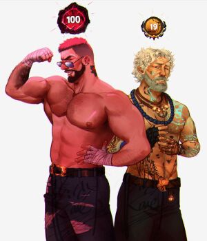 2boys abs alternate_hairstyle bara beard biceps birdy_kane body_markings chest_hair cowboy_shot david_king_(dead_by_daylight) dead_by_daylight facial_hair flexing gameplay_mechanics grey_hair hairy highres large_pectorals male_focus mature_male multiple_boys muscular muscular_male mustache navel navel_hair nipples old old_man pectorals short_hair sparse_chest_hair standing stomach strongman_waist sunglasses tattoo thick_eyebrows thick_mustache topless_male vittorio_toscano