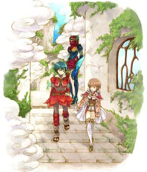 Rule 34 | 1boy, 1girl, 1other, baten kaitos, baten kaitos origins, belt, belt pouch, blue eyes, blue hair, bodice, bow, brown belt, brown eyes, brown hair, commentary request, cropped jacket, earrings, guillo (baten kaitos), jacket, jewelry, kneehighs, long sleeves, milly (baten kaitos), open clothes, open jacket, pouch, red jacket, sagi (baten kaitos), saikachi (ogre tree), sandals, short hair, short shorts, shorts, smile, socks, stairs, waist cape, walking, white bow, white shorts, white socks