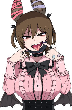 1girl animal_ears bandaid bandaid_on_hand bat_ears bat_girl bat_wings black_bow black_bowtie black_collar bow bowtie breasts brown_eyes brown_hair collar commentary_request ear_ribbon fang galois hair_ornament highres huge_breasts jewelry jirai_kei korean_commentary low_wings mask mask_pull mouth_mask mouth_pull open_mouth original pink_shirt ring shirt simple_background smile solo textless_version tongue tongue_out two_side_up upper_body variant_set white_background wing_hair_ornament wings