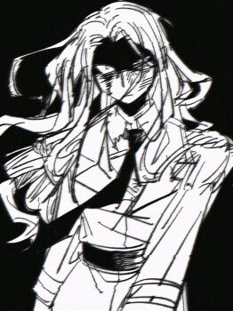 1girl black_background bleeding blood blood_on_face collared_shirt commentary_request epaulettes fbiwawbdab2829m greyscale highres jacket juiz_(undead_unluck) long_hair long_sleeves monochrome necktie shaded_face shirt undead_unluck