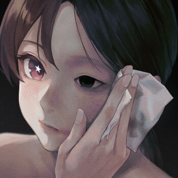 1girl art_shift bags_under_eyes black_background black_eyes black_hair brown_eyes brown_hair close-up closed_mouth commentary empty_eyes expressionless fingernails heterochromia highres holding_tissue lips looking_ahead low_ponytail makeup multicolored_hair original parted_bangs ponytail portrait removing_makeup simple_background solo split_theme star_(symbol) star_in_eye sugai_(4ugaii) symbol_in_eye two-tone_hair wiping_face