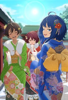 black_hair blue_eyes blue_hair blue_kimono commentary_request dark-skinned_female dark_skin floral_print floral_print_kimono food-themed_hair_ornament forced_smile fur-trimmed_kimono fur_trim furisode green_kimono hair_ornament hatsumoude highres japanese_clothes kanzashi kimono komari_chika lemon_hair_ornament looking_at_viewer make_heroine_ga_oo_sugiru! medium_hair new_year omikuji omio one_side_up open_mouth print_kimono red_hair red_kimono short_hair snow sun sweatdrop yakishio_lemon yanami_anna yellow_eyes