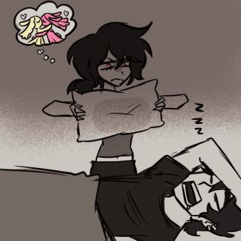 1boy 1girl andrew_graves arm_over_head ashley_graves asphyxiation brother_and_sister dress drooling frown greyscale heart highres implied_murder julia_(the_coffin_of_andy_and_leyley) marcieowo monochrome nemlei_(style) partially_shaded_face pillow pink_eyes ponytail siblings sleeping snoring speech_bubble stuffed_animal stuffed_rabbit stuffed_toy the_coffin_of_andy_and_leyley thought_bubble under_covers wedding wedding_dress wife_and_wife yuri zzz