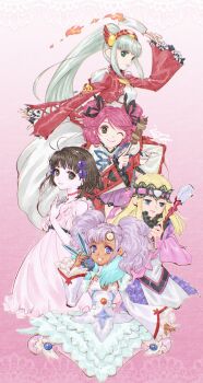 5girls arria_ekberg bare_shoulders black_ribbon blonde_hair blue_eyes blunt_bangs brown_eyes brown_hair cheria_barnes choker closed_mouth creature dark-skinned_female dark_skin dress fire forehead_jewel green_eyes hair_bobbles hair_ornament hair_ribbon hairband headband highres holding holding_skewer holding_staff jewelry lailah_(tales) long_hair long_sleeves looking_at_viewer mage_staff meredy_(tales) multiple_girls ofuda one_eye_closed pantyhose pink_background pink_dress pink_hair ponytail purple_eyes purple_hair pyrokinesis quickie_(tales) reala_(tales) red_choker ribbon shirako_(kirupi) short_hair sidelocks sitting skewer skirt sleeveless sleeveless_dress smile sphere_hair_ornament staff tales_of_(series) tales_of_destiny tales_of_destiny_2 tales_of_eternia tales_of_graces tales_of_the_tempest tales_of_zestiria twintails two_side_up very_long_hair wariza white_hair wide_sleeves