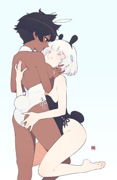 2girls affectionate albino animal_ears ass back barefoot black_hair black_leotard borrowed_character breasts couple dark-skinned_female dark_skin detached_collar eye_contact fake_animal_ears fake_tail feet fish_hair_ornament from_behind grabbing_another&#039;s_ass gradient_background groping hair_ornament hairband highleg highleg_leotard highres interracial kneeling knees_up leotard looking_at_another medium_breasts medium_hair messy_hair micchan_(ohisashiburi) multiple_girls nacchan_(ohisashiburi) nail_polish original pale_skin parted_lips pink_eyes playboy_bunny rabbit_ears rabbit_tail red_eyes red_nails short_hair sideboob signature simple_background standing strapless strapless_leotard tail thighs white_hair white_leotard yan_wan yuri