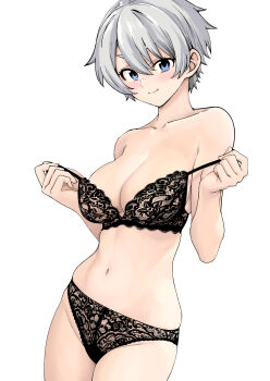1girl absurdres black_bra black_panties blue_eyes blush bra bra_pull breasts cleavage closed_mouth clothes_pull collarbone commentary_request freckles grey_hair highres kuroki_yuushin lace lace_bra lace_panties large_breasts legs navel original panties short_hair smile solo standing stomach teasing thighs tomboy underwear undressing