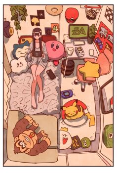 1girl basketball_hoop bedroom blunt_bangs brown_eyes brown_hair carpet chair closed_mouth controller couch desk donkey_kong donkey_kong_(series) door dress electronic_arts from_above full-length_mirror full_body game_boy game_boy_color game_controller gen_1_pokemon grey_dress grey_robe handheld_game_console hanging_plant hat highres holding holding_handheld_game_console indoors king_boo kirby kirby_(series) long_hair long_sidelocks long_sleeves looking_at_object mario_(series) mirror nintendo nintendo_switch office_chair original pikachu plant playing_games playing_video_games poke_ball pokemon poster_(object) puyo_(puyopuyo) puyopuyo robe short_dress sidelocks sitting snorlax solo star-shaped_pillow straight_hair swivel_chair takeuchi_ryousuke unworn_hat unworn_headwear vines yoshi