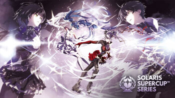 1boy 3girls alternate_costume bare_shoulders black_dress black_hair black_jacket black_pantyhose blue_hair breasts camellya_(wuthering_waves) cleavage commentary dress elbow_gloves english_commentary english_text female_rover_(wuthering_waves) gloves highres ice_skates iuno_(wuthering_waves) jacket laurel_crown long_hair male_rover_(wuthering_waves) medium_breasts multiple_girls official_art open_mouth pantyhose red_dress red_gloves rover_(wuthering_waves) skates twintails white_dress white_gloves wuthering_waves yellow_eyes