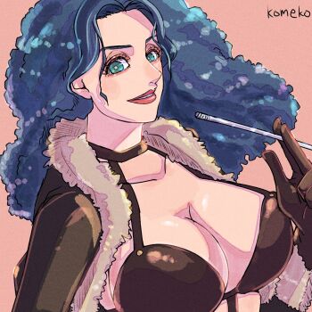 1girl artist_name blue_eyes blue_hair breasts cleavage commentary_request cropped_jacket curly_hair eyelashes gloves highres holding holding_smoking_pipe komeko_(strikek-lvvjm27) large_breasts long_hair one_piece paula_(one_piece) pink_lips simple_background smile smoking_pipe solo upper_body