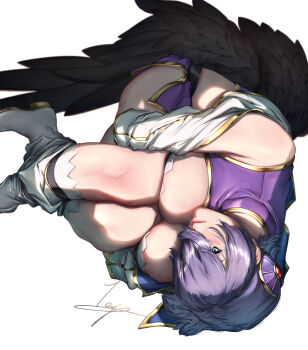 1girl absurdres black_wings breasts cleavage feathered_wings felmina fetal_position green_eyes highres knees_to_chest large_breasts looking_at_viewer purple_hair purple_shirt purple_skirt shinrabanshou shirt shoes skirt smile solo teppu_tora white_shoes wings