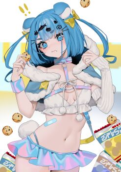 ! !! 1girl absurdres animal_ears artist_request bandaid_on_stomach blue_eyes blue_hair blue_skirt bow breasts capelet closed_mouth cookie fish_hair_ornament food food_on_face fur-trimmed_capelet fur_trim hair_bow hair_ornament hairpin highres holding holding_cookie holding_food hood hood_down hooded_capelet indie_virtual_youtuber miniskirt navel pom_pom_(clothes) skirt small_breasts stomach virtual_youtuber yellow_bow yushiro_pirika