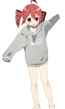1girl ahoge commentary_request drill_hair grey_hoodie hair_between_eyes highres hood hoodie kasane_teto no_pants open_mouth red_eyes red_hair simple_background solo twin_drills twintails utau uuuuua07 white_background