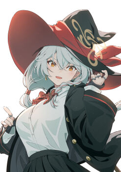 1girl :d black_hat black_jacket black_skirt blue_archive blush braid breasts button_gap collared_shirt dress_shirt eri_(blue_archive) grey_hair hands_up hat hat_ribbon highres holding_strap jacket large_breasts long_hair looking_at_viewer open_clothes open_jacket open_mouth orange_eyes pinakes pleated_skirt red_ribbon ribbon shirt side_braid simple_background skirt smile solo upper_body white_background white_shirt witch_hat