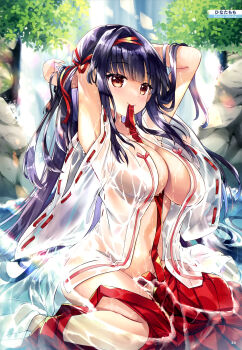 1girl absurdres armpits arms_up artist_name black_hair blunt_bangs breasts brown_eyes cleavage clothes_pull dengeki_moeoh groin hair_flowing_over hakama hakama_skirt highres hinata_momo japanese_clothes kosode large_breasts lens_flare long_hair looking_at_viewer magazine_scan miko mouth_hold navel no_bra no_panties open_clothes original outdoors page_number pleated_skirt red_ribbon red_skirt ribbon scan see-through_clothes sidelocks sitting skirt skirt_pull solo sunlight third-party_source tree wariza water waterfall wet wet_clothes