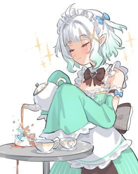 1girl ahoge apron black_bow black_bowtie blue_bow bow bowtie closed_eyes closed_mouth cup detached_collar dress eyelashes ghost gradient_hair green_dress green_hair hair_bow hair_ornament highres holding holding_teapot indie_virtual_youtuber long_hair maid maid_headdress maplesights mint_fantome mint_fantome_(minto_2.0) multicolored_hair short_hair sidelocks simple_background sleeves_past_fingers sleeves_past_wrists solo spilling tea teacup teapot virtual_youtuber waist_apron white_apron white_background white_hair wide_sleeves wisps_(mint_fantome) x_hair_ornament