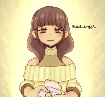 1boy 1girl artist_request bandaged_arm bandages basil_(faraway)_(omori) basil_(omori) brown_eyes brown_hair dark-skinned_female dark_skin earrings english_text holding_hands implied_self-harm jewelry omori polly_(omori)