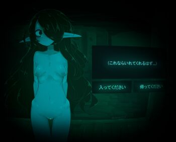 1girl arms_behind_back bags_under_eyes blush breasts censored collarbone completely_nude dialogue_options hair_over_one_eye inverted_nipples long_hair long_pointy_ears monochrome navel no_i&#039;m_not_a_human nude original outdoors parody pointy_ears pussy sagging_breasts small_breasts smile solo thigh_gap twitter_username unarsite user_interface