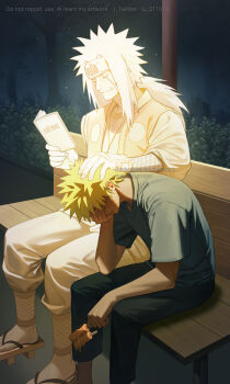 2boys absurdres bench blonde_hair book commentary_request crying facial_mark food forehead_protector ghost hand_on_another&#039;s_head hand_on_own_face highres holding holding_book holding_food holding_popsicle jiraiya_(naruto) korean_commentary long_hair male_focus melting_popsicle multiple_boys naruto_(series) naruto_shippuuden on_bench open_book pants platform_sandals popsicle q_q11013 sandals shirt short_hair short_sleeves sitting spiked_hair uzumaki_naruto whisker_markings