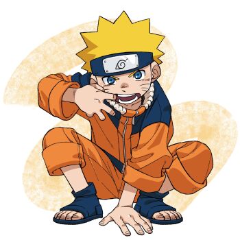 1boy absurdres blonde_hair blue_eyes blue_hair child commentary_request facial_mark finger_to_mouth forehead_protector full_body headband highres jacket long_sleeves looking_at_viewer male_focus naruto_(classic) naruto_(series) ninja open-toe_shoes open_mouth pants sandals shoes short_hair simple_background solo spiked_hair squatting teeth uzumaki_naruto zumi_mimimi