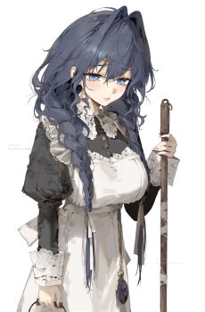 1girl absurdres apron black_dress blue_eyes blue_hair braid breasts commentary dayshiart dress embroidery english_commentary hair_between_eyes hair_intakes hair_ribbon highres holding hololive hololive_english juliet_sleeves large_breasts light_blush long_hair long_sleeves looking_at_viewer low_twin_braids maid maid_apron official_alternate_costume official_alternate_hairstyle ouro_kronii ouro_kronii_(maid) parted_lips pocket_watch puffy_sleeves ribbon simple_background solo twin_braids twitter_username very_long_hair victorian_maid virtual_youtuber watch white_apron white_background white_ribbon