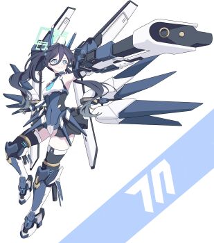 1girl absurdres aqua_halo aris_(armed)_(blue_archive) aris_(blue_archive) bare_shoulders black_hair blue_archive blue_eyes blue_necktie breasts closed_mouth commentary_request double-parted_bangs full_body gun hair_between_eyes halo headgear highres holding holding_gun holding_weapon leotard long_hair long_hair_between_eyes looking_up mecha_musume mechanical_arms mechanical_legs mechanical_wings midriff mili_mli necktie official_alternate_costume official_alternate_hairstyle railgun rectangular_halo ringed_eyes short_necktie showgirl_skirt small_breasts smile solo thighhighs twintails v-shaped_eyebrows very_long_hair weapon white_leotard wings