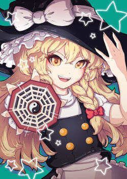 Rule 34 | 1girl, apron, artist name, black hat, black vest, blonde hair, bow, braid, commentary, commentary request, english commentary, green background, hair bow, hat, hat bow, highres, incoming attack, kirisame marisa, long hair, looking at viewer, mini-hakkero, mixed-language commentary, open mouth, puffy short sleeves, puffy sleeves, red bow, short sleeves, side braid, simple background, single braid, smile, solo, star (symbol), teaholic, touhou, vest, waist apron, white apron, white bow, witch hat, yellow eyes, yin yang