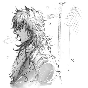 1boy animal_ears arknights breath coat commentary_request from_side glasses greyscale jacket long_hair male_focus merry_(secilhodoshima) messy_hair monochrome parted_lips profile scarf silverash_(arknights) sketch snow_leopard_boy snow_leopard_ears solo upper_body white_background
