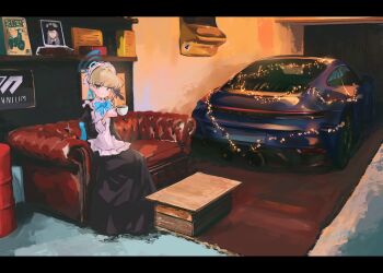 1girl absurdres apron black_dress blonde_hair blue_archive blue_bow blue_eyes blue_halo bow bun_cover car coffee commentary_request couch cup dress hair_bun halo highres holding holding_cup indoors korean_commentary looking_at_viewer maid maid_apron maid_headdress motor_vehicle nougat_(no_9ada) on_couch porsche porsche_911 porsche_992 sitting solo toki_(blue_archive)