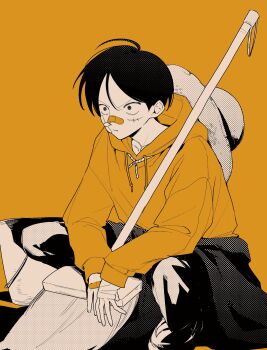 1boy alternate_costume bandaid bandaid_on_cheek bandaid_on_face bandaid_on_hand bandaid_on_nose black_hair broom closed_mouth facial_scar hat highres hood hood_down hoodie long_sleeves male_focus monkey_d._luffy numata_(oioioioiai) one_piece orange_background orange_hoodie scar scar_on_cheek scar_on_face short_hair solo squatting straw_hat unworn_hat unworn_headwear