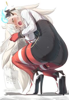 ! 1girl absurdres ass black_bow blush bow braid commentary drawing_(object) english_commentary fate/grand_order fate_(series) flying_sweatdrops fujimaru_ritsuka_(female) gloves grey_hair hair_bow high_heels highres holding holding_paper long_hair long_sleeves looking_at_viewer mash_kyrielight olga_marie_animusphere olga_marie_animusphere_(unbeast) open_mouth orange_gloves orange_pantyhose pantyhose paper sally_(luna-arts) sharp_teeth simple_background solo teeth thighs white_background