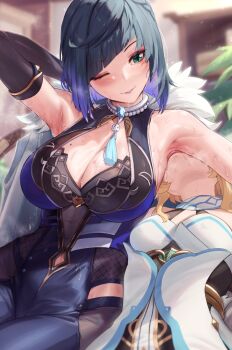 2girls arm_behind_head arm_up armpits asymmetrical_gloves bare_shoulders black_gloves black_hair black_pants blonde_hair blue_dress blue_hair blush bob_cut bracelet breasts cleavage cleavage_cutout closed_mouth clothing_cutout diagonal_bangs dice dress earrings elbow_gloves fingerless_gloves fur-trimmed_jacket fur_trim genshin_impact gloves green_eyes highres jacket jacket_on_shoulders jewelry large_breasts licking licking_armpit looking_to_the_side lumine_(genshin_impact) medium_hair mismatched_gloves mole mole_on_breast multicolored_hair multiple_girls neck_ring one_eye_closed padoruu pants pelvic_curtain scarf short_hair sidelocks smile sweat tassel thighs tight_clothes tight_pants tongue tongue_out two-tone_hair variant_set white_dress white_gloves white_jacket white_scarf yelan_(genshin_impact) yuri