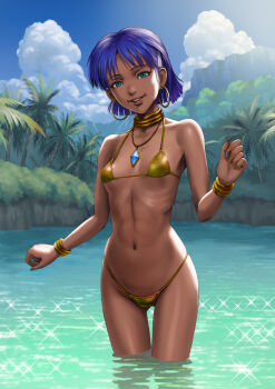 1girl abs aki5432109876 backlighting bare_shoulders bikini blue_gem blue_sky blunt_ends bob_cut bracelet breasts cliff cloud collarbone commentary cowboy_shot cumulonimbus_cloud curled_fingers dark-skinned_female dark_skin day earrings foliage forest fushigi_no_umi_no_nadia gem gold_bikini gold_bracelet gold_earrings grass hair_ornament hairclip hand_up head_tilt highleg highleg_bikini highres hoop_earrings jewelry jungle lake looking_at_viewer micro_bikini nadia_la_arwall nature navel neck_ring necklace outdoors outstretched_arms paid_reward_available palm_tree parted_lips pendant purple_hair reflection shiny_clothes short_hair sky small_breasts smile solo sparkle standing string_bikini swimsuit thigh_gap toned toned_female tree variant_set wading water